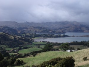 Akaroa from high up in the gloom